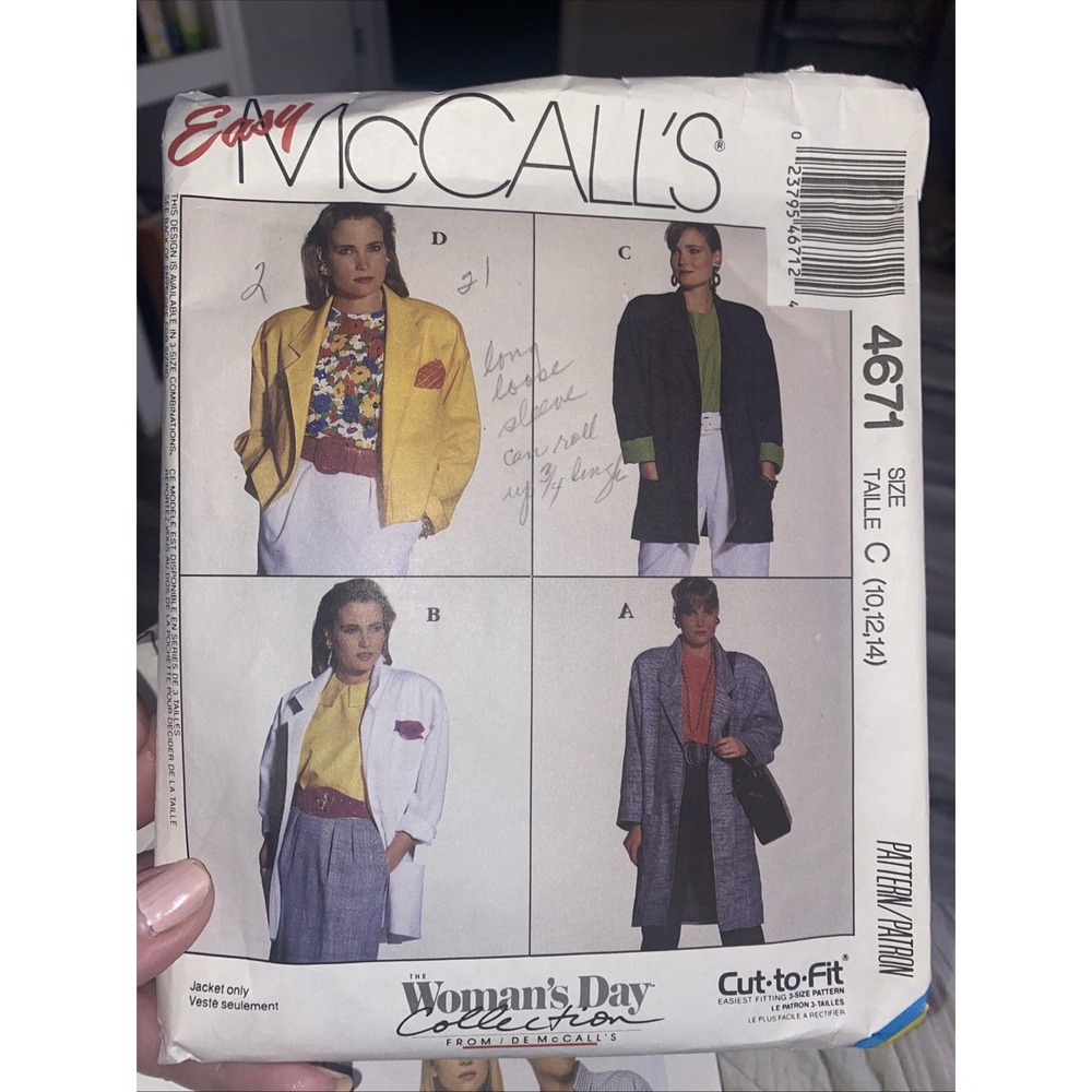 1990 McCall's 4671 Easy Jacket Pattern - Woman's Day - Size C (10-12-14) Uncut